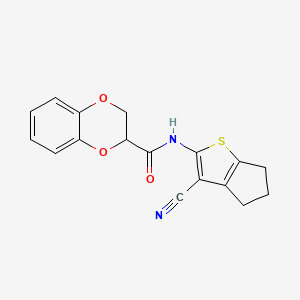molecular formula C17H14N2O3S B2824042 N-(3-cyano-5,6-dihydro-4H-cyclopenta[b]thiophen-2-yl)-2,3-dihydrobenzo[b][1,4]dioxine-2-carboxamide CAS No. 726164-49-4