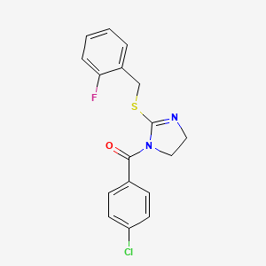 molecular formula C17H14ClFN2OS B2824148 (4-chlorophenyl)(2-((2-fluorobenzyl)thio)-4,5-dihydro-1H-imidazol-1-yl)methanone CAS No. 851806-95-6