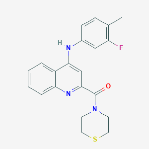 molecular formula C21H20FN3OS B2824166 (4-((3-氟-4-甲基苯基)氨基)喹啉-2-基)(硫吗啉基)甲酮 CAS No. 1226442-73-4