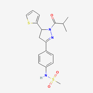 molecular formula C18H21N3O3S2 B2824186 N-[4-[2-(2-methylpropanoyl)-3-thiophen-2-yl-3,4-dihydropyrazol-5-yl]phenyl]methanesulfonamide CAS No. 851718-29-1
