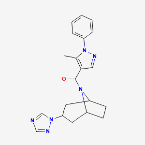 molecular formula C20H22N6O B2824253 ((1R,5S)-3-(1H-1,2,4-triazol-1-yl)-8-azabicyclo[3.2.1]octan-8-yl)(5-methyl-1-phenyl-1H-pyrazol-4-yl)methanone CAS No. 2309778-79-6