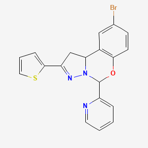 molecular formula C19H14BrN3OS B2824266 9-bromo-5-(pyridin-2-yl)-2-(thiophen-2-yl)-5,10b-dihydro-1H-benzo[e]pyrazolo[1,5-c][1,3]oxazine CAS No. 899973-89-8