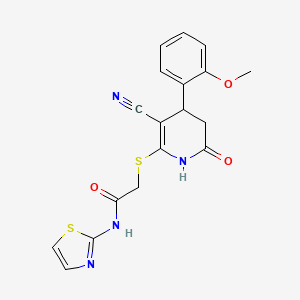molecular formula C18H16N4O3S2 B2824283 2-{[3-cyano-6-hydroxy-4-(2-methoxyphenyl)-4,5-dihydropyridin-2-yl]sulfanyl}-N-(1,3-thiazol-2-yl)acetamide CAS No. 497229-78-4
