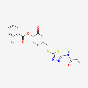 molecular formula C18H14BrN3O5S2 B2824327 4-氧代-6-(((5-丙酰胺基-1,3,4-噻二唑-2-基)硫)甲基)-4H-吡喃-3-基 2-溴苯甲酸酯 CAS No. 896018-50-1