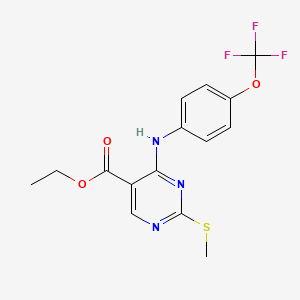 molecular formula C15H14F3N3O3S B2824477 乙酸-2-(甲基磺酰基)-4-[4-(三氟甲氧基)苯胺基]-5-嘧啶甲酸酯 CAS No. 339019-45-3