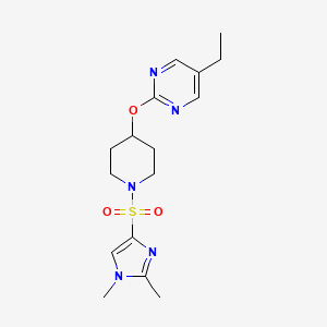 molecular formula C16H23N5O3S B2824493 2-[1-(1,2-Dimethylimidazol-4-yl)sulfonylpiperidin-4-yl]oxy-5-ethylpyrimidine CAS No. 2380172-26-7