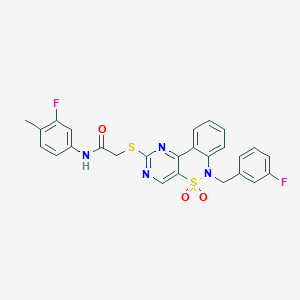 molecular formula C26H20F2N4O3S2 B2824613 2-{[6-(3-fluorobenzyl)-5,5-dioxido-6H-pyrimido[5,4-c][2,1]benzothiazin-2-yl]thio}-N-(3-fluoro-4-methylphenyl)acetamide CAS No. 895099-52-2
