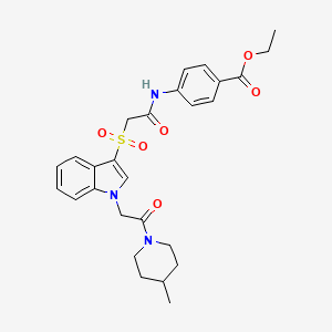 molecular formula C27H31N3O6S B2824741 ethyl 4-(2-((1-(2-(4-methylpiperidin-1-yl)-2-oxoethyl)-1H-indol-3-yl)sulfonyl)acetamido)benzoate CAS No. 878060-13-0