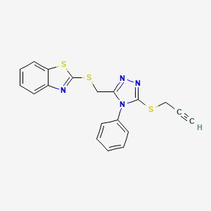 molecular formula C19H14N4S3 B2824761 2-[(4-Phenyl-5-prop-2-ynylthio-1,2,4-triazol-3-yl)methylthio]benzothiazole CAS No. 315695-68-2
