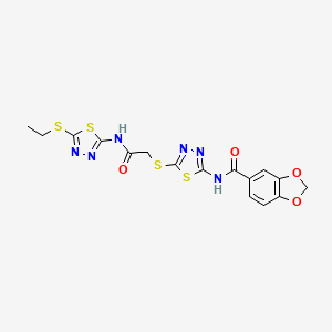 molecular formula C16H14N6O4S4 B2824770 N-(5-((2-((5-(ethylthio)-1,3,4-thiadiazol-2-yl)amino)-2-oxoethyl)thio)-1,3,4-thiadiazol-2-yl)benzo[d][1,3]dioxole-5-carboxamide CAS No. 477215-02-4