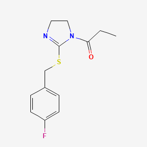 molecular formula C13H15FN2OS B2824797 1-[2-[(4-氟苯基)甲基磺酰]-4,5-二氢咪唑-1-基]丙酮 CAS No. 851865-48-0