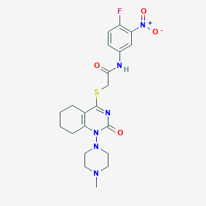 molecular formula C21H25FN6O4S B2824803 N-(4-氟-3-硝基苯基)-2-((1-(4-甲基哌嗪-1-基)-2-氧代-1,2,5,6,7,8-六氢喹唑啉-4-基)硫)乙酰胺 CAS No. 899993-22-7