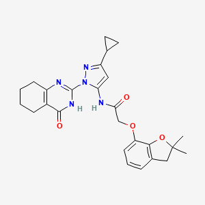 molecular formula C26H29N5O4 B2824880 N-(3-cyclopropyl-1-(4-oxo-3,4,5,6,7,8-hexahydroquinazolin-2-yl)-1H-pyrazol-5-yl)-2-((2,2-dimethyl-2,3-dihydrobenzofuran-7-yl)oxy)acetamide CAS No. 1219844-40-2