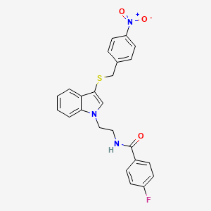 molecular formula C24H20FN3O3S B2824917 4-氟-N-[2-[3-[(4-硝基苯基)甲硫基]吲哚-1-基]乙基]苯甲酰胺 CAS No. 443333-05-9