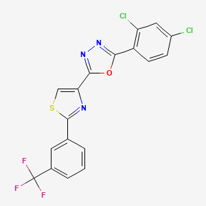 molecular formula C18H8Cl2F3N3OS B2824954 2-(2,4-Dichlorophenyl)-5-{2-[3-(trifluoromethyl)phenyl]-1,3-thiazol-4-yl}-1,3,4-oxadiazole CAS No. 400083-69-4