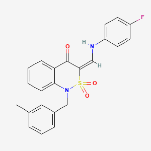 molecular formula C23H19FN2O3S B2824983 (3E)-3-{[(4-fluorophenyl)amino]methylene}-1-(3-methylbenzyl)-1H-2,1-benzothiazin-4(3H)-one 2,2-dioxide CAS No. 892303-97-8