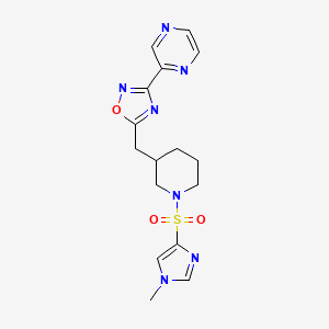 molecular formula C16H19N7O3S B2824989 5-((1-((1-methyl-1H-imidazol-4-yl)sulfonyl)piperidin-3-yl)methyl)-3-(pyrazin-2-yl)-1,2,4-oxadiazole CAS No. 1705073-10-4