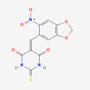 molecular formula C12H7N3O6S B2825061 5-((6-nitrobenzo[d][1,3]dioxol-5-yl)methylene)-2-thioxodihydropyrimidine-4,6(1H,5H)-dione CAS No. 499987-46-1