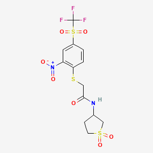 molecular formula C13H13F3N2O7S3 B2825066 N-(1,1-dioxothiolan-3-yl)-2-[2-nitro-4-(trifluoromethylsulfonyl)phenyl]sulfanylacetamide CAS No. 459791-75-4