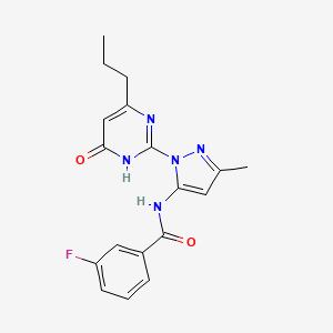 molecular formula C18H18FN5O2 B2825081 3-fluoro-N-(3-methyl-1-(6-oxo-4-propyl-1,6-dihydropyrimidin-2-yl)-1H-pyrazol-5-yl)benzamide CAS No. 1002931-59-0