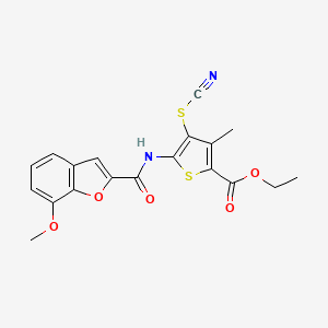 molecular formula C19H16N2O5S2 B2825089 乙酸-5-(7-甲氧基苯并呋喃-2-基)氨基-3-甲基-4-硫氰酸基噻吩-2-甲酸乙酯 CAS No. 921799-58-8