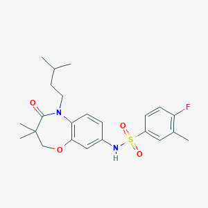 molecular formula C23H29FN2O4S B2825104 4-fluoro-N-(5-isopentyl-3,3-dimethyl-4-oxo-2,3,4,5-tetrahydrobenzo[b][1,4]oxazepin-8-yl)-3-methylbenzenesulfonamide CAS No. 922022-56-8