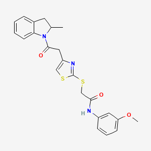 molecular formula C23H23N3O3S2 B2825210 N-(3-methoxyphenyl)-2-((4-(2-(2-methylindolin-1-yl)-2-oxoethyl)thiazol-2-yl)thio)acetamide CAS No. 941892-27-9