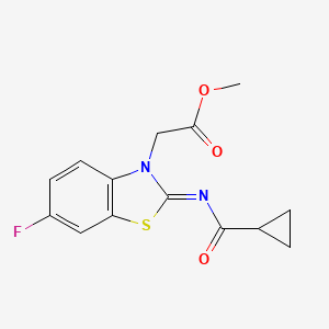 molecular formula C14H13FN2O3S B2825230 (Z)-甲酸2-(2-((环丙烷甲酰)亚胺)-6-氟苯并[3]噻唑-3(2H)-基)乙酯 CAS No. 865198-24-9