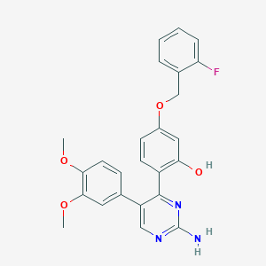 molecular formula C25H22FN3O4 B2825316 2-(2-Amino-5-(3,4-dimethoxyphenyl)pyrimidin-4-yl)-5-((2-fluorobenzyl)oxy)phenol CAS No. 850230-05-6