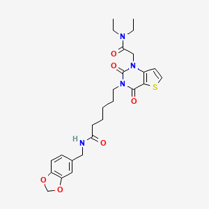 molecular formula C26H32N4O6S B2825327 N-(1,3-benzodioxol-5-ylmethyl)-6-[1-[2-(diethylamino)-2-oxoethyl]-2,4-dioxo-1,4-dihydrothieno[3,2-d]pyrimidin-3(2H)-yl]hexanamide CAS No. 866013-36-7
