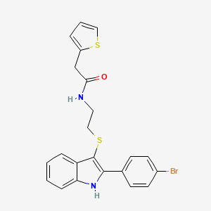 molecular formula C22H19BrN2OS2 B2825406 N-[2-[[2-(4-bromophenyl)-1H-indol-3-yl]sulfanyl]ethyl]-2-thiophen-2-ylacetamide CAS No. 919703-75-6