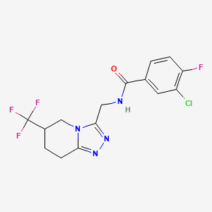 molecular formula C15H13ClF4N4O B2825408 3-chloro-4-fluoro-N-((6-(trifluoromethyl)-5,6,7,8-tetrahydro-[1,2,4]triazolo[4,3-a]pyridin-3-yl)methyl)benzamide CAS No. 2034381-23-0