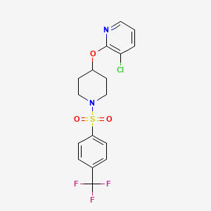 molecular formula C17H16ClF3N2O3S B2825434 3-Chloro-2-((1-((4-(trifluoromethyl)phenyl)sulfonyl)piperidin-4-yl)oxy)pyridine CAS No. 1448027-17-5