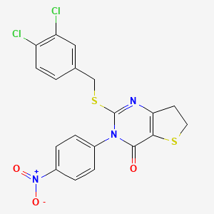 molecular formula C19H13Cl2N3O3S2 B2825494 2-[(3,4-Dichlorophenyl)methylsulfanyl]-3-(4-nitrophenyl)-6,7-dihydrothieno[3,2-d]pyrimidin-4-one CAS No. 850916-09-5