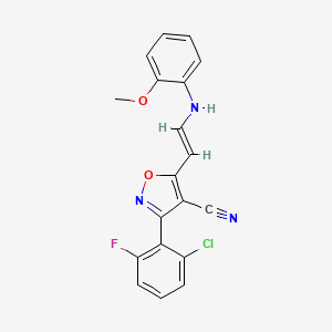 molecular formula C19H13ClFN3O2 B2825497 3-(2-chloro-6-fluorophenyl)-5-[(E)-2-(2-methoxyanilino)ethenyl]-1,2-oxazole-4-carbonitrile CAS No. 338417-28-0