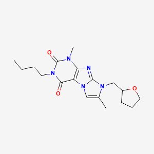 molecular formula C18H25N5O3 B2825618 3-butyl-1,7-dimethyl-8-((tetrahydrofuran-2-yl)methyl)-1H-imidazo[2,1-f]purine-2,4(3H,8H)-dione CAS No. 896309-37-8