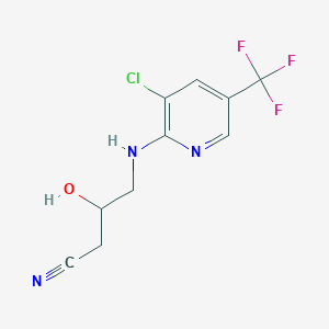 molecular formula C10H9ClF3N3O B2825644 4-[3-Chloro-5-(trifluoromethyl)pyridin-2-ylamino]-3-hydroxybutyronitrile CAS No. 338966-48-6