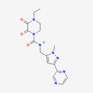molecular formula C16H19N7O3 B2825664 4-ethyl-N-((1-methyl-3-(pyrazin-2-yl)-1H-pyrazol-5-yl)methyl)-2,3-dioxopiperazine-1-carboxamide CAS No. 2034550-71-3