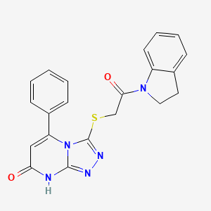 molecular formula C21H17N5O2S B2825746 3-((2-(indolin-1-yl)-2-oxoethyl)thio)-5-phenyl-[1,2,4]triazolo[4,3-a]pyrimidin-7(8H)-one CAS No. 894995-55-2