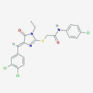molecular formula C20H16Cl3N3O2S B282576 N-(4-chlorophenyl)-2-{[4-(3,4-dichlorobenzylidene)-1-ethyl-5-oxo-4,5-dihydro-1H-imidazol-2-yl]sulfanyl}acetamide 