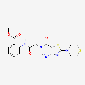 molecular formula C19H19N5O4S2 B2825837 methyl 2-(2-(7-oxo-2-thiomorpholinothiazolo[4,5-d]pyrimidin-6(7H)-yl)acetamido)benzoate CAS No. 1223975-92-5