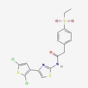 molecular formula C17H14Cl2N2O3S3 B2825848 N-(4-(2,5-dichlorothiophen-3-yl)thiazol-2-yl)-2-(4-(ethylsulfonyl)phenyl)acetamide CAS No. 941931-56-2