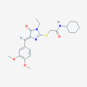 molecular formula C22H29N3O4S B282585 N-cyclohexyl-2-{[4-(3,4-dimethoxybenzylidene)-1-ethyl-5-oxo-4,5-dihydro-1H-imidazol-2-yl]sulfanyl}acetamide 