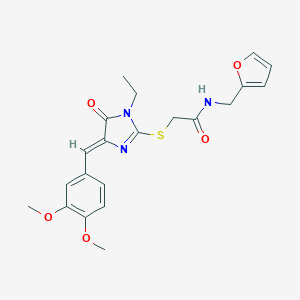 molecular formula C21H23N3O5S B282586 2-{[4-(3,4-dimethoxybenzylidene)-1-ethyl-5-oxo-4,5-dihydro-1H-imidazol-2-yl]sulfanyl}-N-(2-furylmethyl)acetamide 