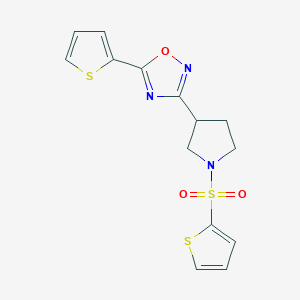 molecular formula C14H13N3O3S3 B2825887 5-(Thiophen-2-yl)-3-(1-(thiophen-2-ylsulfonyl)pyrrolidin-3-yl)-1,2,4-oxadiazole CAS No. 2034287-85-7