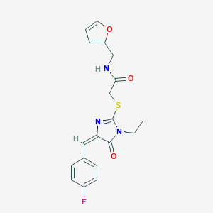 molecular formula C19H18FN3O3S B282589 2-{[1-ethyl-4-(4-fluorobenzylidene)-5-oxo-4,5-dihydro-1H-imidazol-2-yl]sulfanyl}-N-(2-furylmethyl)acetamide 