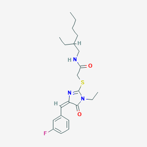 molecular formula C22H30FN3O2S B282591 2-{[1-ethyl-4-(3-fluorobenzylidene)-5-oxo-4,5-dihydro-1H-imidazol-2-yl]sulfanyl}-N-(2-ethylhexyl)acetamide 