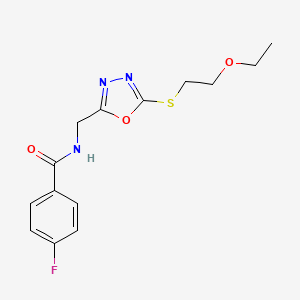 molecular formula C14H16FN3O3S B2825925 N-[[5-(2-ethoxyethylsulfanyl)-1,3,4-oxadiazol-2-yl]methyl]-4-fluorobenzamide CAS No. 872613-86-0
