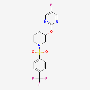 molecular formula C16H15F4N3O3S B2825932 5-氟-2-((1-((4-(三氟甲基)苯基)磺酰基哌啶-3-基)氧基)嘧啶 CAS No. 2034326-71-9