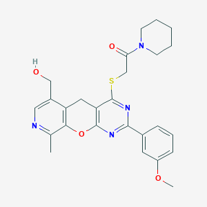 molecular formula C26H28N4O4S B2825956 2-((6-(hydroxymethyl)-2-(3-methoxyphenyl)-9-methyl-5H-pyrido[4',3':5,6]pyrano[2,3-d]pyrimidin-4-yl)thio)-1-(piperidin-1-yl)ethanone CAS No. 892381-60-1